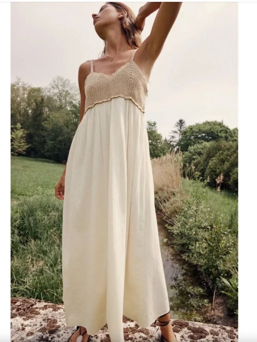 Zara Crochet Knit Midi Dress Cream Cotton Gauze Cottagecore Sz M Boho Beach - Picture 5 of 10